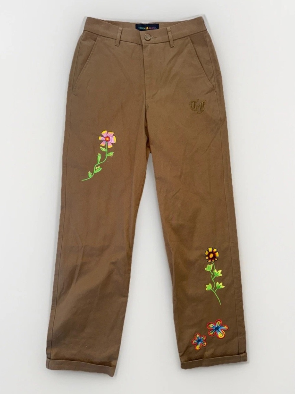 Teddy Fresh Embroidered Brown Straight Leg Chino Pants Women’s 26 Streetwear